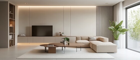Modern minimalist living room with TV cabinet, bookcase, and dining table Generative AI