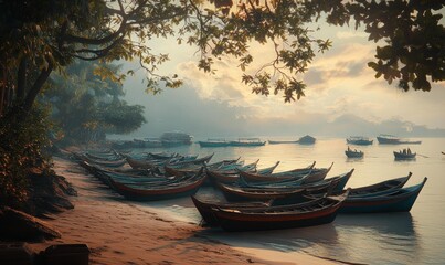 Sunrise over calm water with many boats.