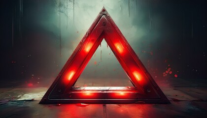 A red warning triangle with blinking lights stands on a grunge background. The triangle is a symbol of caution and danger.