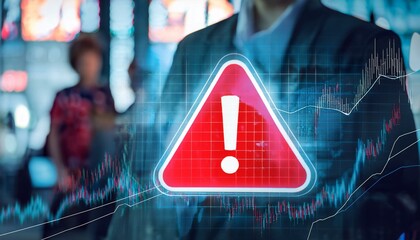 A red warning sign with an exclamation point flashes on a digital display, blurred background with people and stock market data.