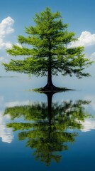 Obraz premium A stunning Bald Cypress tree stands alone mirrored perfectly in the calm water beneath