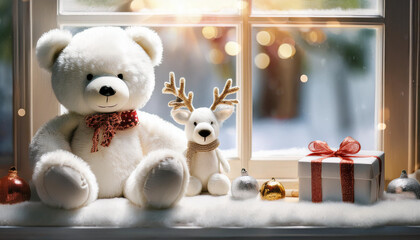 Oso blanco peluche y reno en Navidad