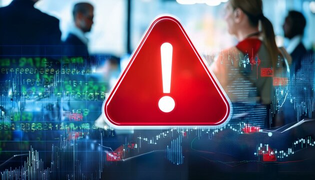 A red warning sign with an exclamation point flashes on a digital display, blurred background with people and stock market data.