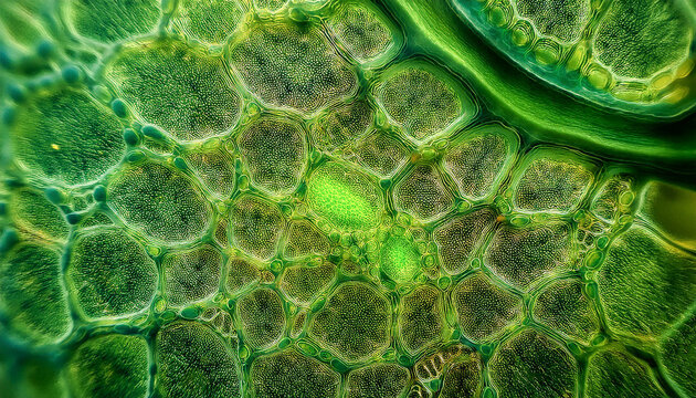 Vista microsc&oacute;pica de c&eacute;lulas verdes 