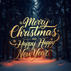 Happy new year square trendy card, winter magic forest at night, artistic design, festive, greeting, winter holidays invitation, postcard.
