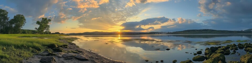 Naklejka premium A beautiful sunset over a lake with a reflection of the sun on the water. The sky is filled with clouds, creating a serene and peaceful atmosphere