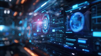 Fototapeta premium High-tech digital interface featuring a holographic display with neon blue elements, showcasing futuristic technology and advanced data visualization.