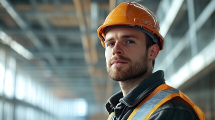Fototapeta premium A confident construction worker wearing a safety helmet and reflective vest at a building site during daylight hours