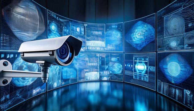 A security camera pointed towards a wall of digital screens with an abstract blue and white pattern.