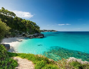 A serene beach cove with turquoise water, lush greenery, and a stone path leading to the shore.