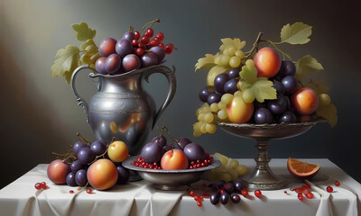 Luxurious display of fruit with silver vessels in classic still life style on white fabric.