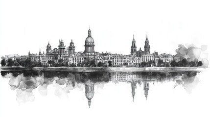 Fototapeta premium Zaragoza, Spain, black and white pen pencil hand-drawn effect drawing illustration for travel poster, card, wallpaper, backdrop or banner. Modern, clear, artistic and simple