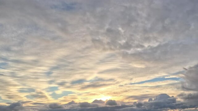 A sky filled with clouds. The clouds are mostly white and gray, with some hints of yellow and blue. The sun is barely visible behind the clouds.