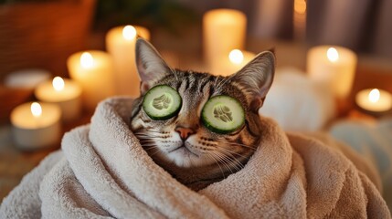A cat wrapped in a soft towel relaxes with cucumber slices on its eyes. Soft candlelight creates a soothing ambiance, enhancing the spa experience