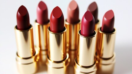 Obraz premium Five lipsticks composition isolated on white background. Pink red purple nude gold cosmetic makeup product sample