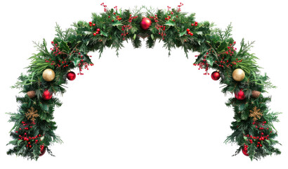 Christmas tree, red decorations and cones in a holiday wave garland isolated on transparent