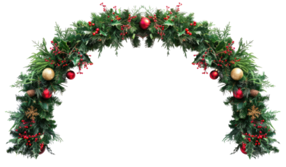 Christmas tree, red decorations and cones in a holiday wave garland isolated on transparent