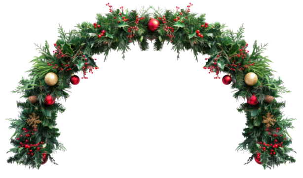 Christmas tree, red decorations and cones in a holiday wave garland isolated on transparent