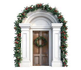 Beautiful winter arch with door, decorated with garlands and Christmas wreath flat style isolated on transparent background. Decorative design element, holiday and snow
