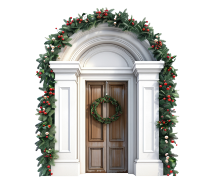 Beautiful winter arch with door, decorated with garlands and Christmas wreath flat style isolated on transparent background. Decorative design element, holiday and snow