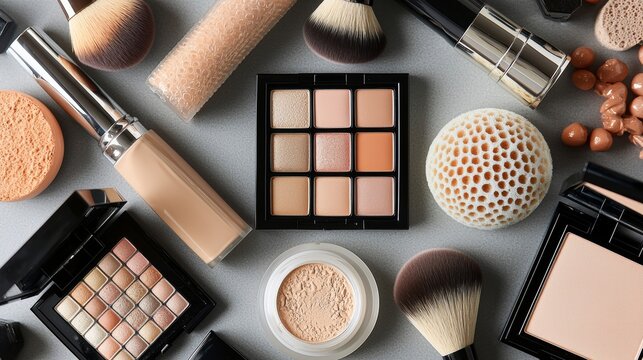 Flying makeup sponges and cosmetics on grey background