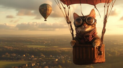 A playful cat wearing goggles floats in a hot air balloon, enjoying the breathtaking view of lush hills and towns below as the sun sets, bathing the scene in warm light