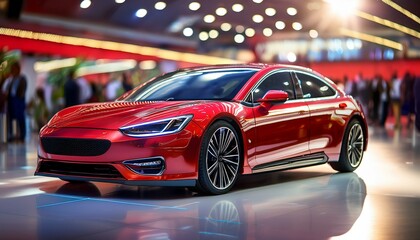 A shiny red car on display at an auto show, showcasing sleek design and powerful performance. The blurred background highlights the bustling atmosphere of the event.