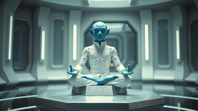 A blue-skinned alien in a strange white suit is meditating on an octagonal aluminum pedestal. The background is a futuristic-looking room.