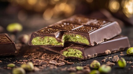 Trending Dubai Chocolate Bar with Kataifi and Pistachio Paste Filling, Gourmet Dark Chocolate, Generated AI
