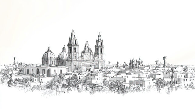 Aguascalientes, Mexico, black and white pen pencil hand-drawn effect drawing illustration for travel poster, card, wallpaper, backdrop or banner. Modern, clear, artistic and simple