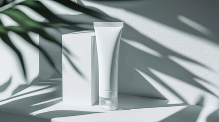 A blank white cosmetic tube stands on a pedestal with a palm leaf shadow casting over it suggesting natural skincare