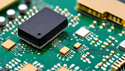 Close-up image of a semiconductor wafer with intricate circuit patterns, metallic components, and reflective surfaces, set against a high-tech, sleek background