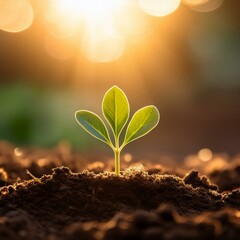 A single sprout emerges from the soil, bathed in warm sunlight and glowing particles, symbolizing new life, growth, and potential.