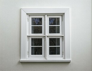 A single white window with four panes, set in a white wall.