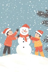 Children building snowman in winter scene