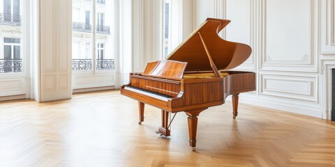 Grand Piano in Classic Interior with French Windows and Wooden Floors