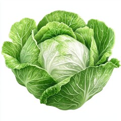 Fototapeta premium Fresh green cabbage with vibrant leaves, perfect for healthy recipes and meals. Ideal for culinary and agricultural themes, white background