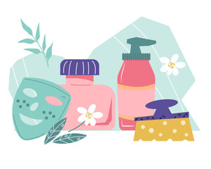 Home and beautician natural skin care products for face, providing beauty and cleanliness. Spa procedures and skincare routines banner design, vector illustration on white background.