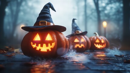 Obraz premium Halloween Jack o' lantern pumpkin in witch hat, burning candles on a spooky night, mysterious dark forest background. Halloween concept.