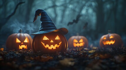 Halloween Jack o' lantern pumpkin in witch hat, burning candles on a spooky night, mysterious dark forest background. Halloween concept.