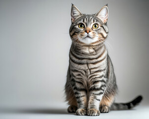 A charming tabby cat with striking stripes sits gracefully, showcasing its captivating eyes and soft fur.
