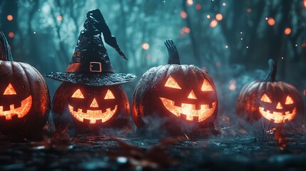 Fototapeta premium Halloween Jack o' lantern pumpkin in witch hat, burning candles on a spooky night, mysterious dark forest background. Halloween concept.