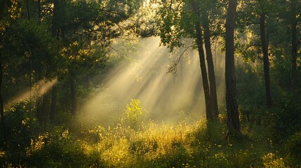 Obraz premium Sunbeams Piercing Through a Dense Forest Canopy