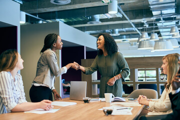 Happy business people, handshake or meeting with team for partnership, greeting or introduction at office. Young, employee or colleagues shaking hands for agreement deal or collaboration at workplace © SensSai/peopleimages.com