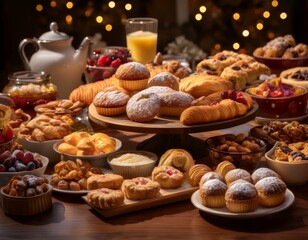 A table overflowing with an assortment of delectable pastries and sweet treats, perfect for a festive celebration.