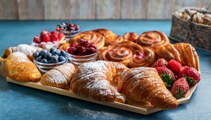 A tempting display of freshly baked pastries, including croissants, danishes, and swirls, with berries and powdered sugar.