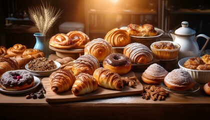 Fototapeta premium A table overflowing with freshly baked pastries, including donuts, croissants, and cinnamon rolls.