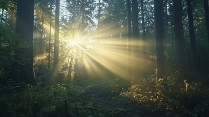 Obraz premium Sun Rays Illuminating a Misty Forest