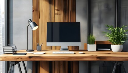 Sleek modern office featuring a wooden table with a computer, creating an innovative and productive working environment