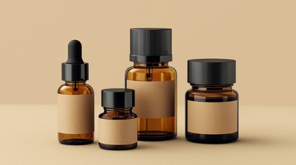 Set of amber glass cosmetic bottles on brown background. Natural cosmetics packaging design. Flat lay top view.